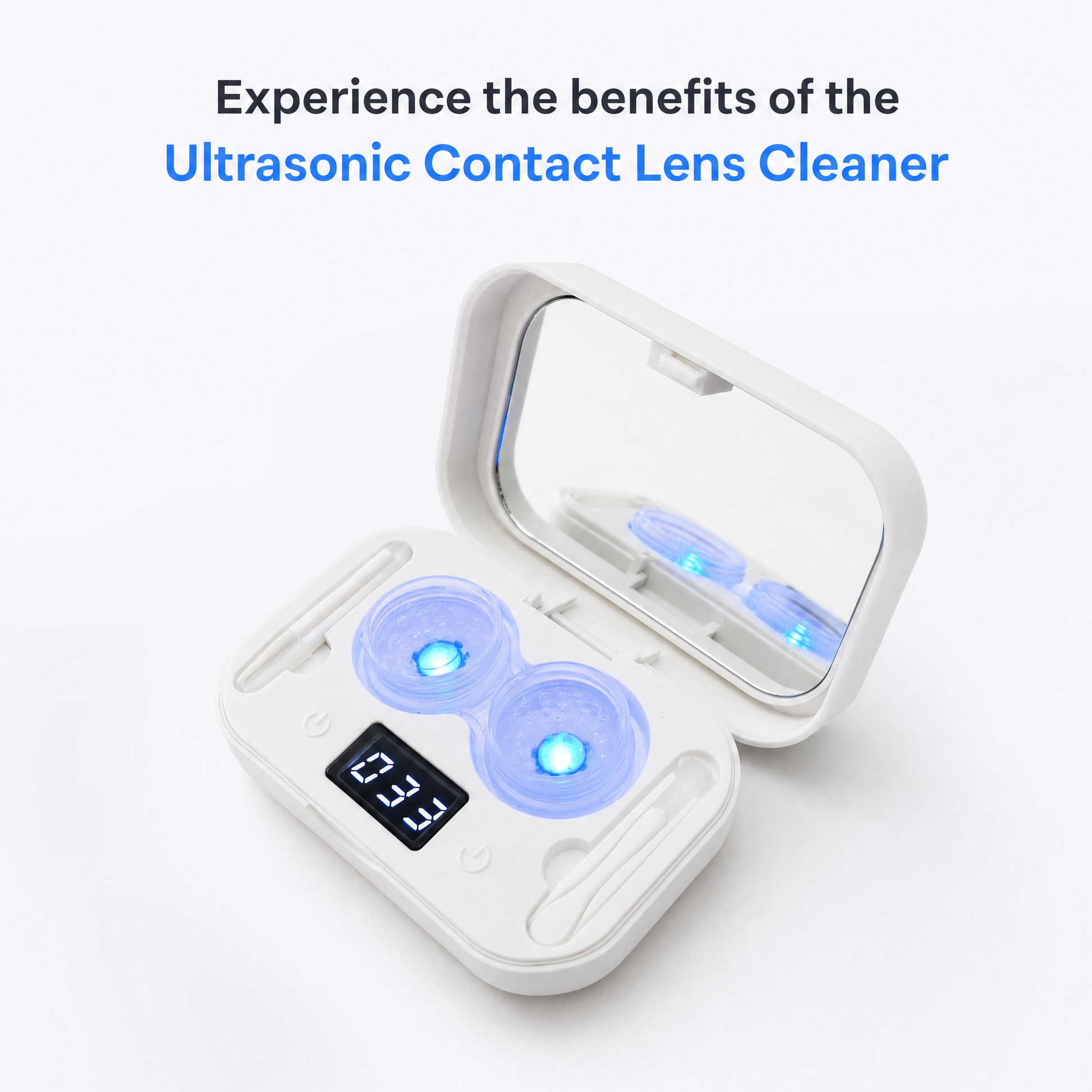 Ultrasonic lens cleaner operating with illuminated lens cups