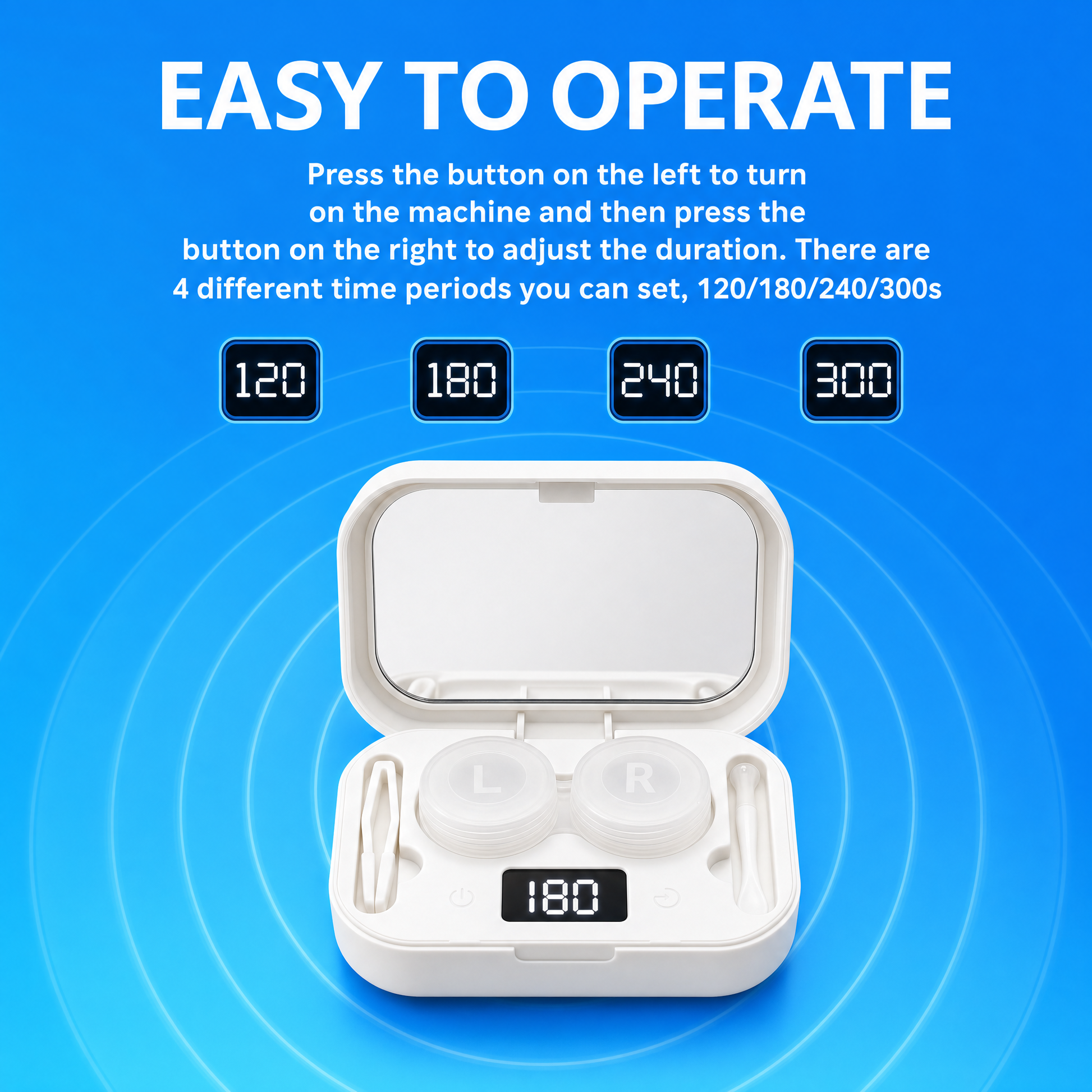 Easy-to-operate ultrasonic contact lens cleaner with timed cycles